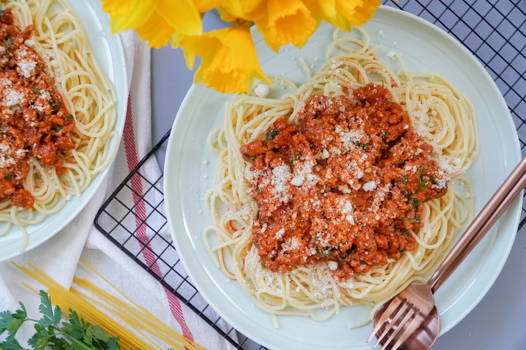 Turkey Bolognese with Spaghetti on white plate