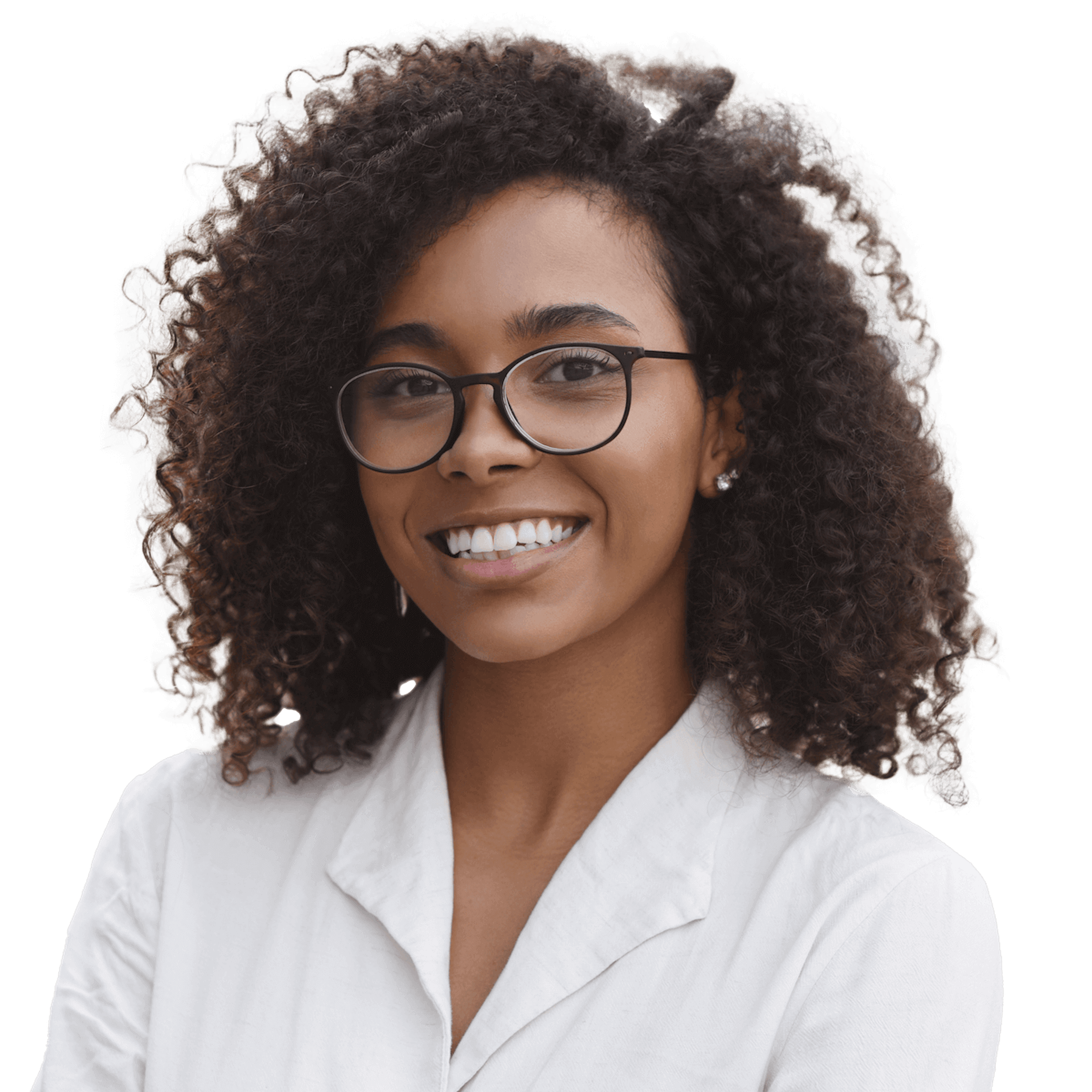 Woman with Glasses and White Shirt Smiling